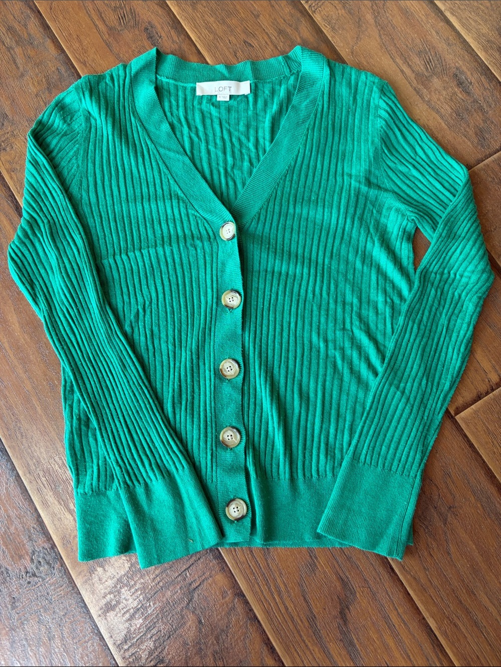 LOFT Emerald Green Ribbed V-Neck Button Cardigan - Size Medium